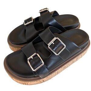 Project Cloud Black Double-Buckle Platform Sandals Cork Soles Size 6.5
